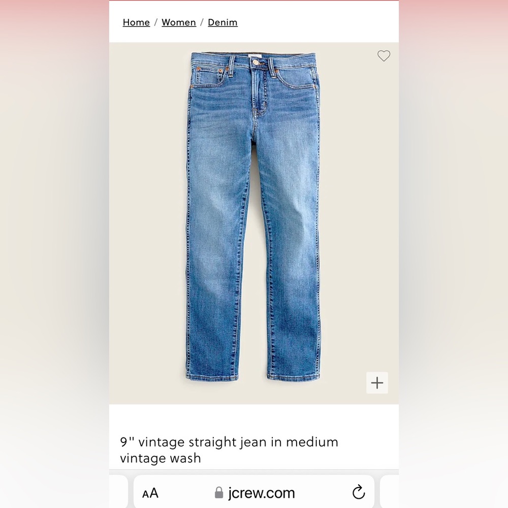 J. Crew 9” Vintage Straight Jean size 30”